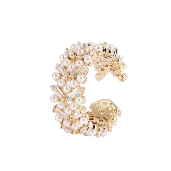 High Quality Pearl Zircon Gold Open Rings For Woman Resizable Gold Pearls Ring - Picture 3 of 8